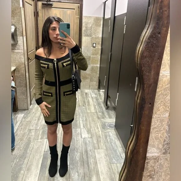 Balmain Off Shoulder Knit Dress Green